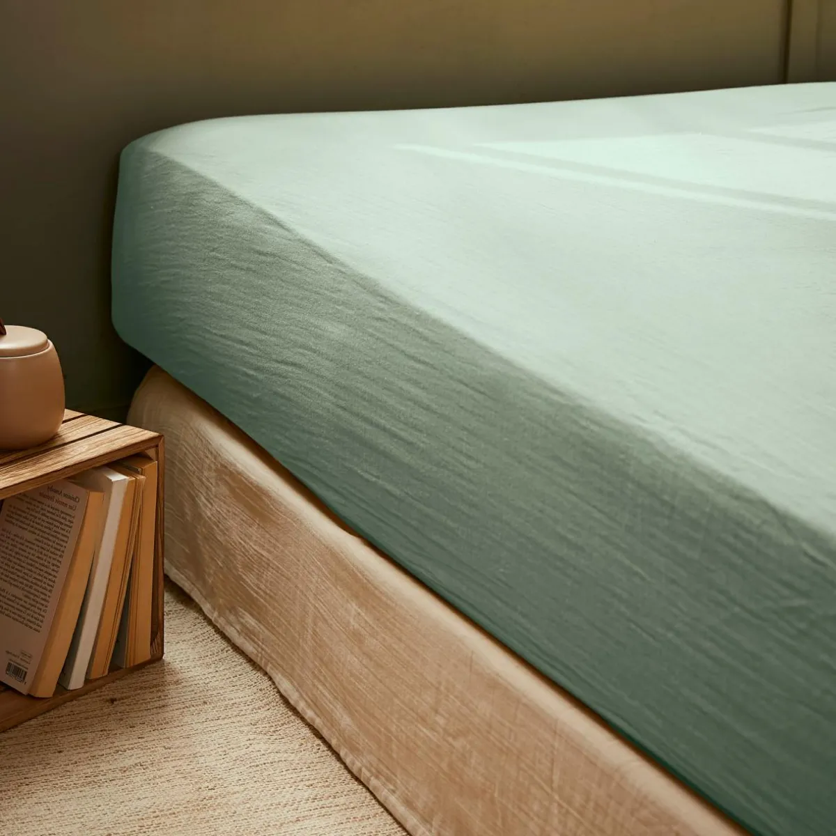 EMINZA Drap housse gaze de coton (160 x 200 cm) Gaïa Vert Eucalyptus Sale