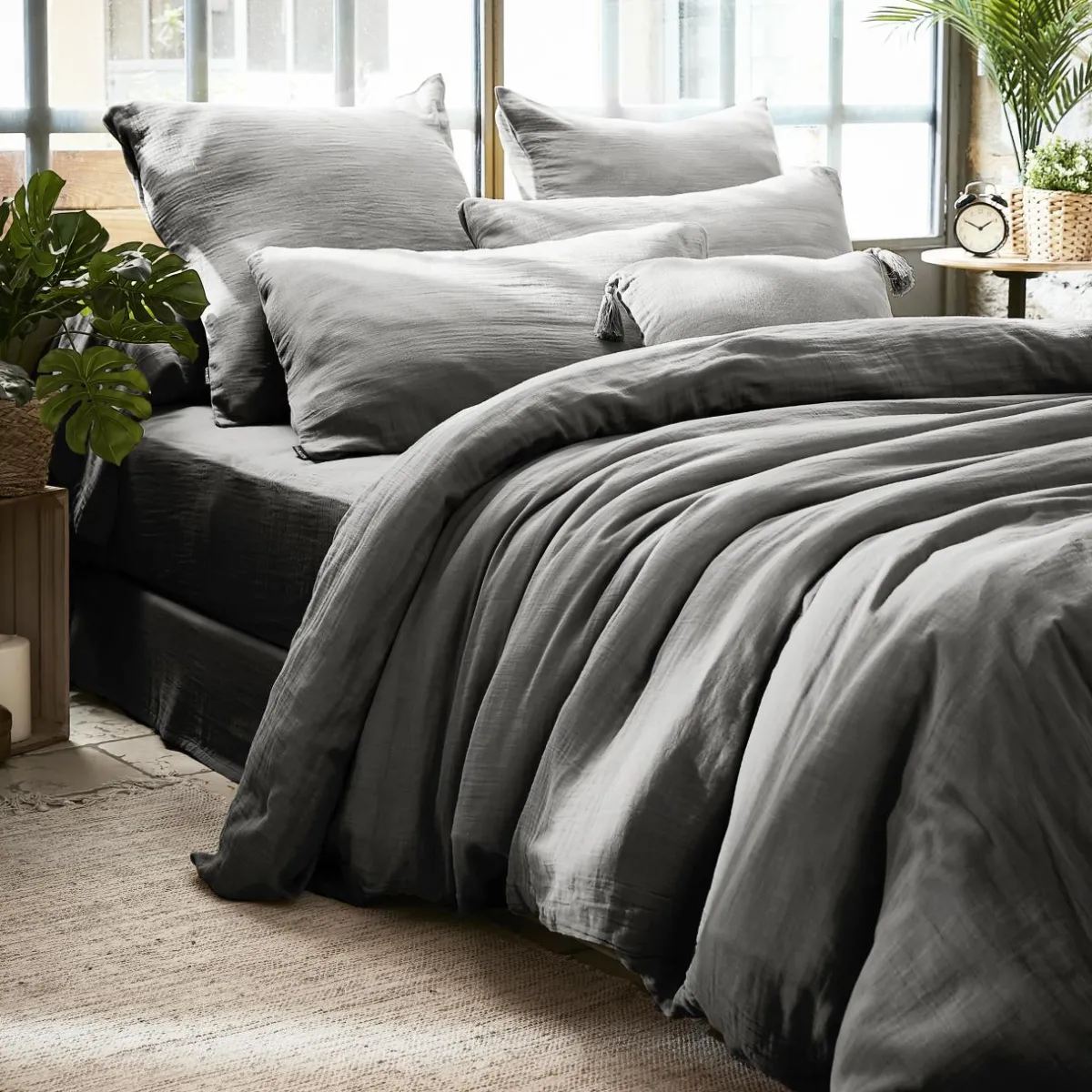 EMINZA Drap housse gaze de coton (200 x 200 cm) Gaïa Gris granit Gris foncé Best