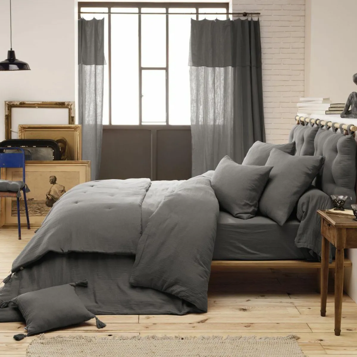 EMINZA Drap housse gaze de coton (140 x 190 cm) Gaïa Gris granit Gris foncé New