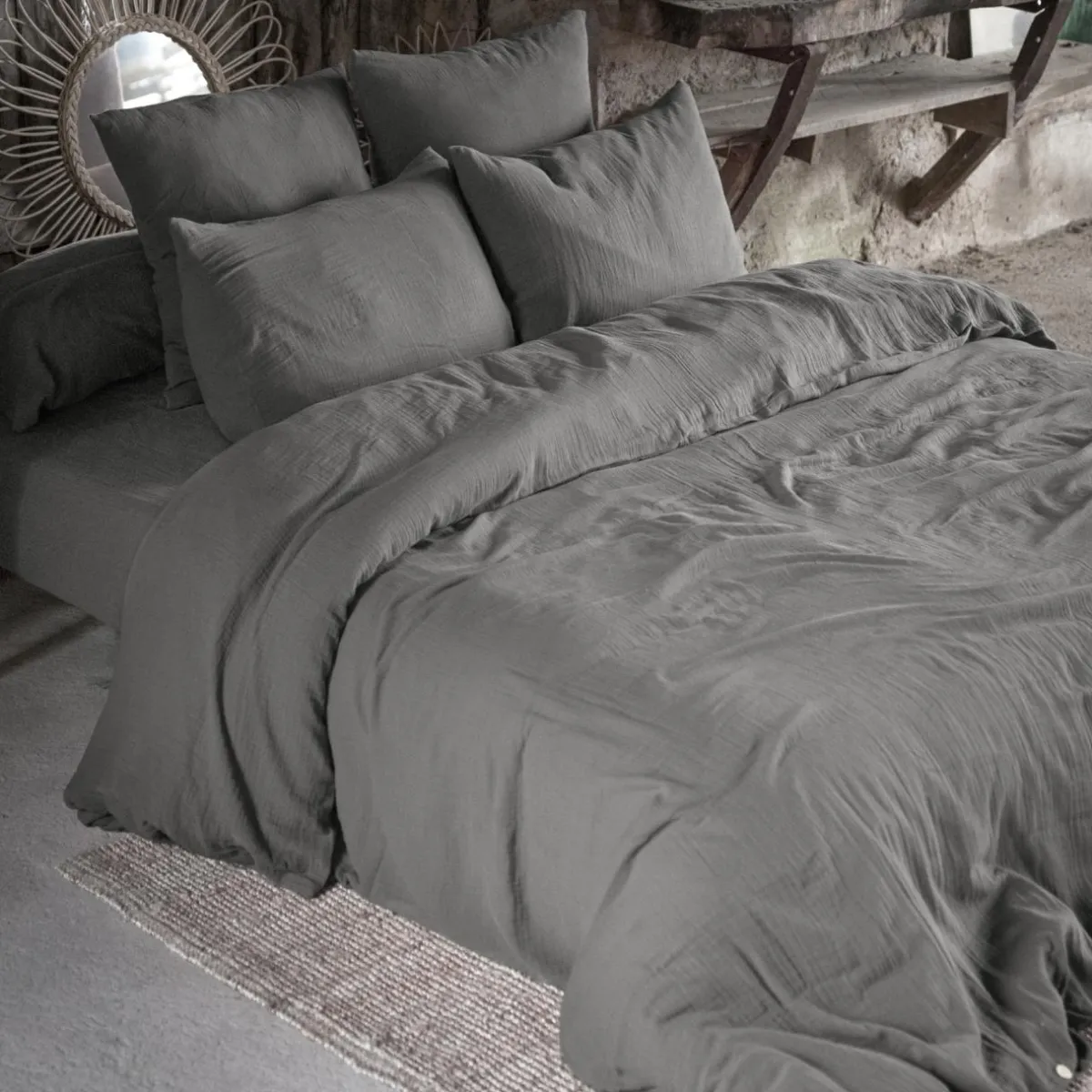 EMINZA Drap housse gaze de coton (140 x 190 cm) Gaïa Gris granit Gris foncé New