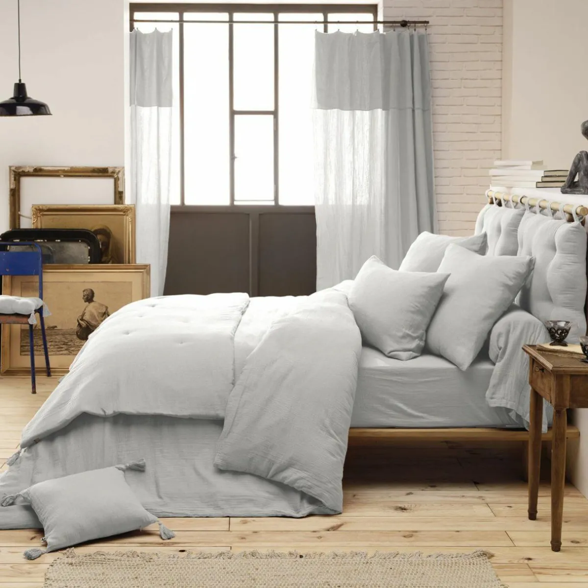 EMINZA Drap housse gaze de coton (160 x 200 cm) Gaïa Gris nuage Gris clair Outlet