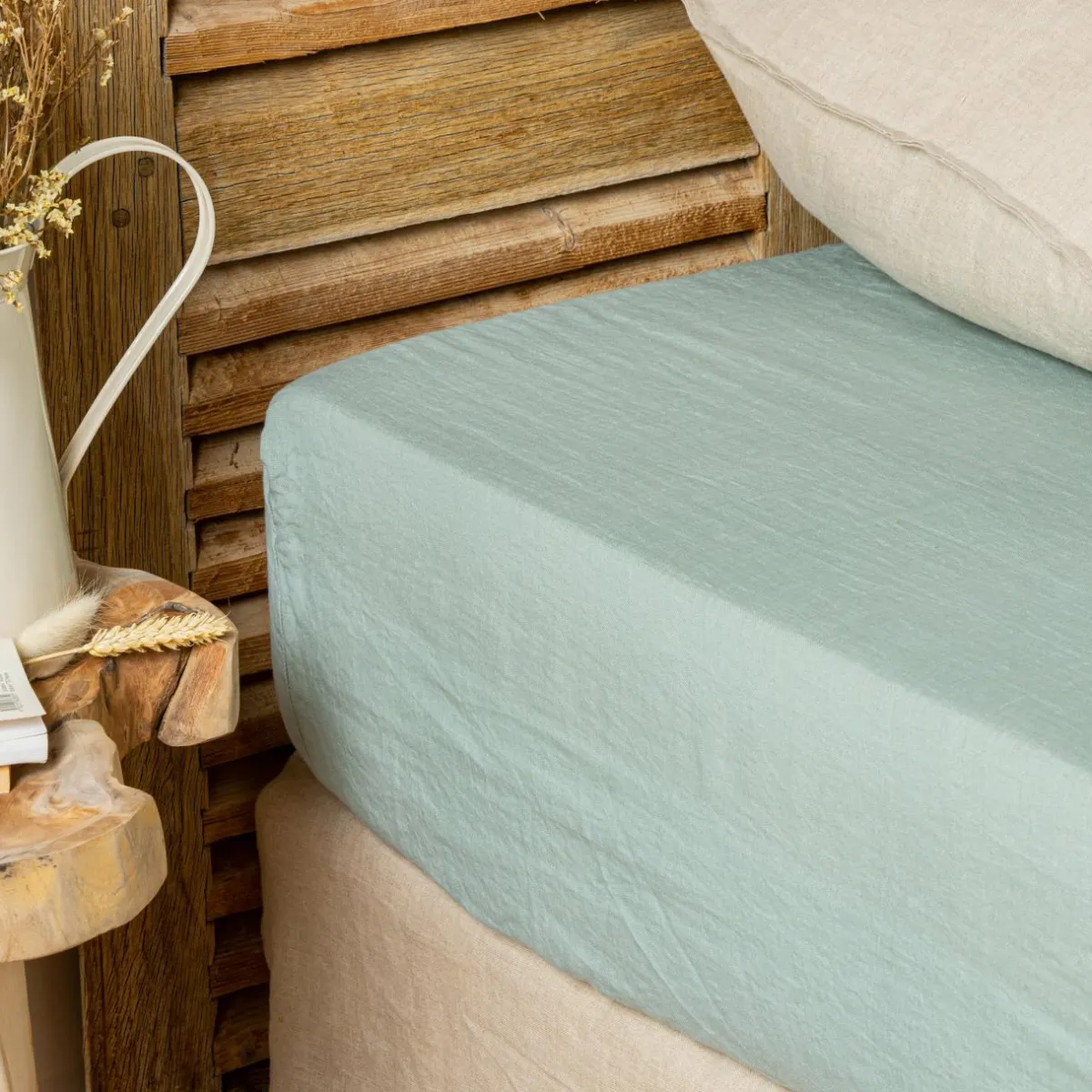EMINZA Drap housse lin lavé (160 x 200 cm) Louise Vert Eucalyptus Sale