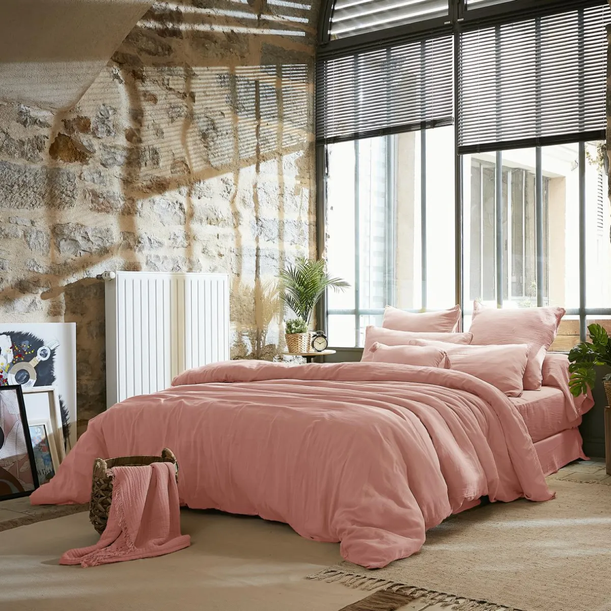 EMINZA Drap plat gaze de coton (240 x 300 cm) Gaïa Rose Pêche New