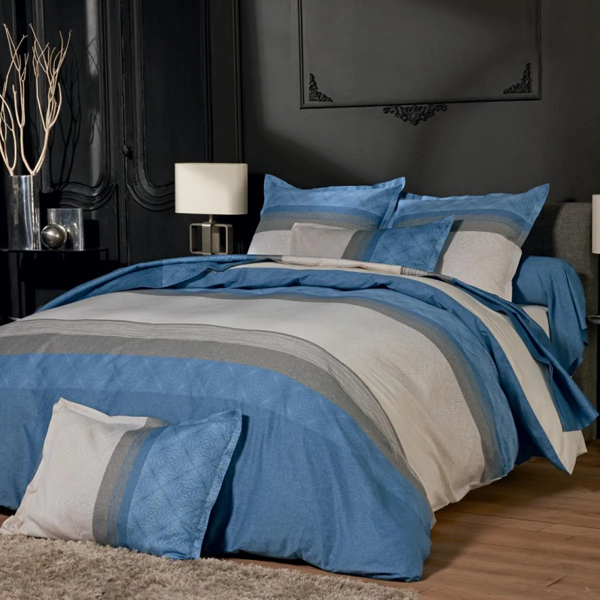 TRADI LINGE Drap plat satin de coton (240 x 310 cm) Tiago Bleu New