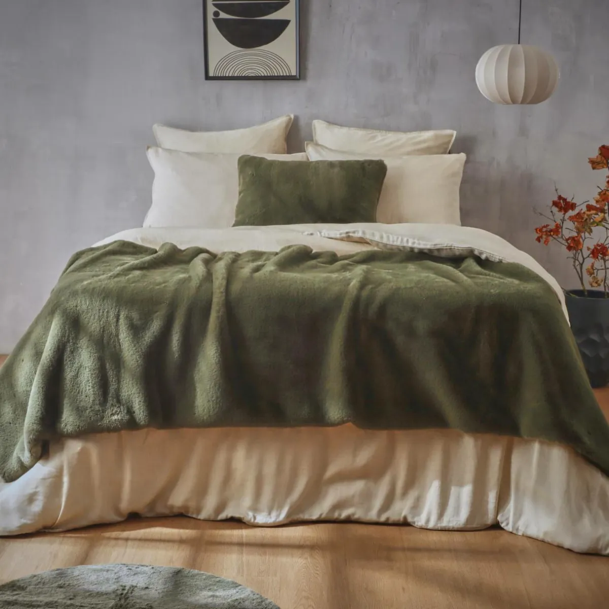 EMINZA Édredon fausse fourrure (90 x 220 cm) Finn Vert kaki Discount