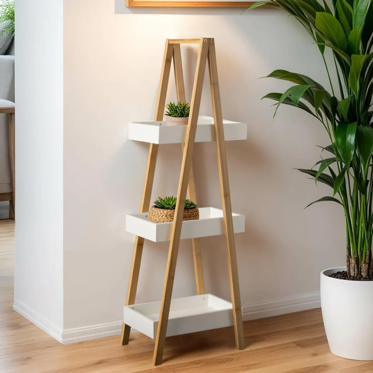 EMINZA Etagère bois et bambou (H84 cm) Pyramide 3 niveaux he Blanc Online