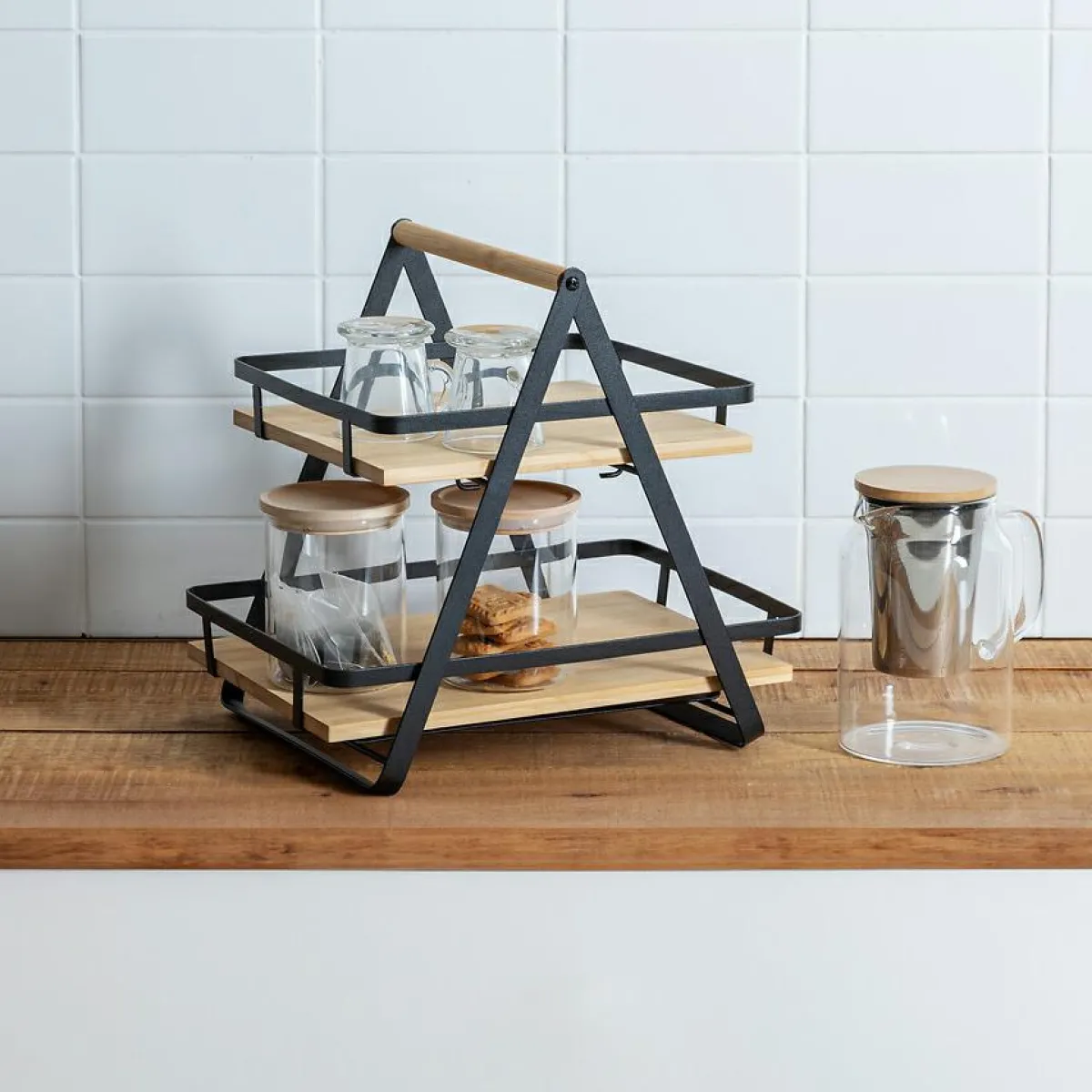 5 Five Simply Smart Etagère cuisine transportable en bois 2 niveaux avec anse (H29 cm) Ordera Noir New
