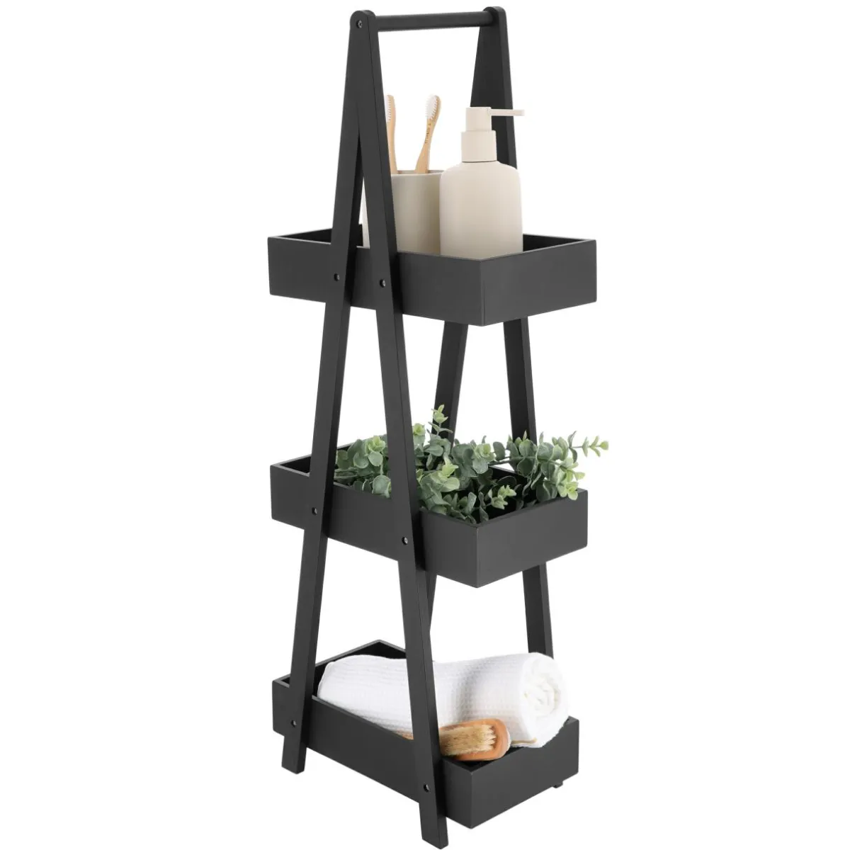 TENDANCE Etagère en bambou 3 niveaux (H80 cm) Pyramide Noir Hot