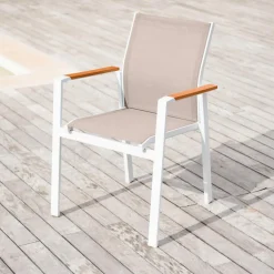 MOBELLIA Fauteuil de jardin aluminium et bois teck empilable Bali Blanc Outlet