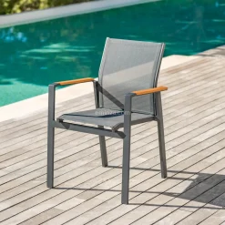 MOBELLIA Fauteuil de jardin aluminium et bois teck empilable Bali Gris Anthracite Best