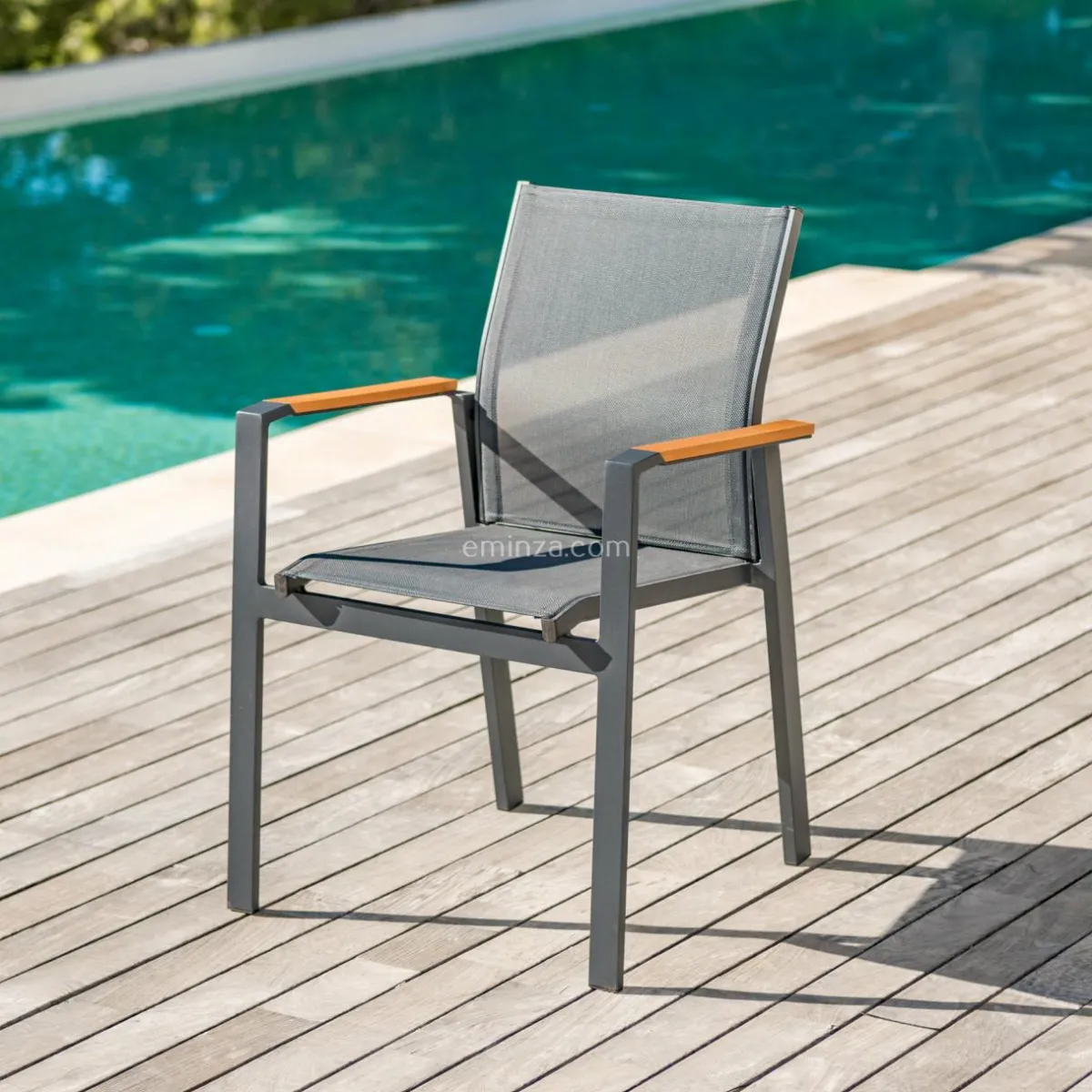 MOBELLIA Fauteuil de jardin aluminium et bois teck empilable Bali Gris Anthracite Best