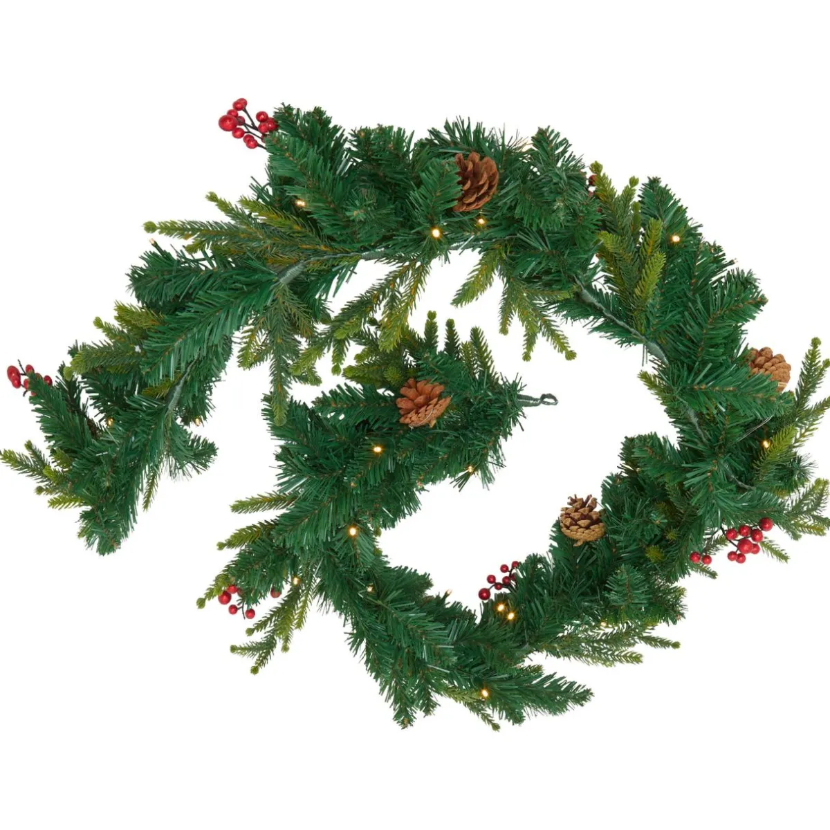 JJA guirlande de sapin lumineuse à piles (180 cm) Wister baies et pommes de pin Sapin vert lumineux Sale