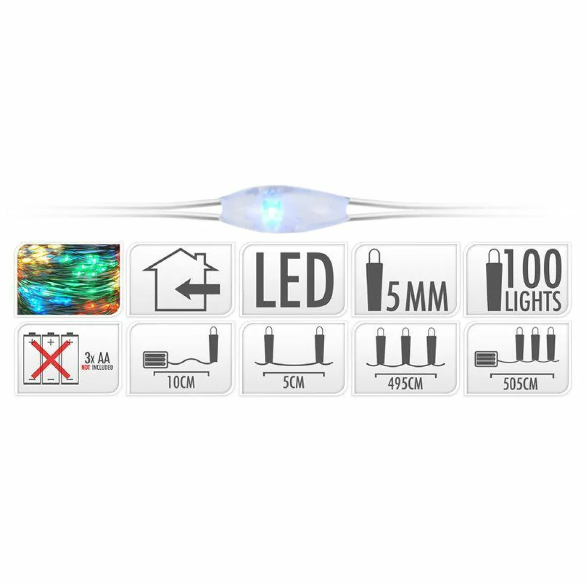KOOPMAN Guirlande lumineuse à piles 5 m 100 Micro LED Fil d'argent Multicolore