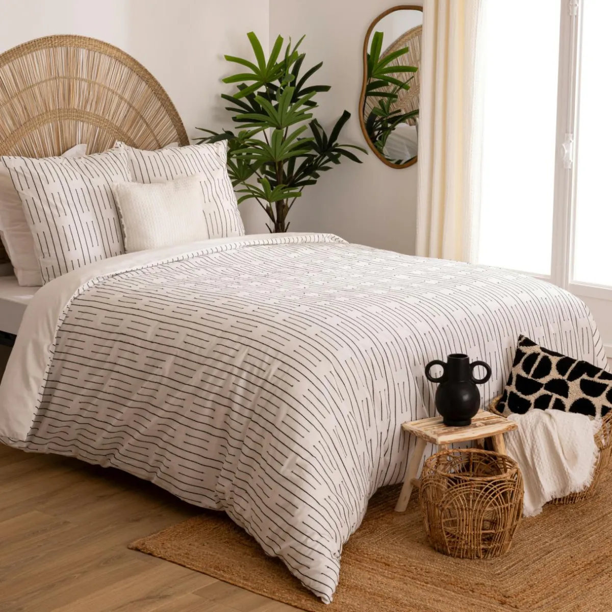 Atmosphera, cru017dateur d'intu017drieur Housse de couette et deux taies coton (260 x 240 cm) Dobby Grise Blanc New
