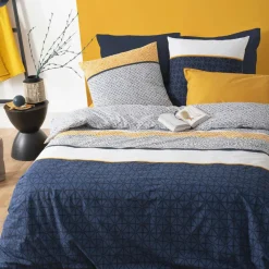 ATMOSPHERA Housse de couette et deux taies coton (240 x 220 cm) Ray Etni e Bleu New