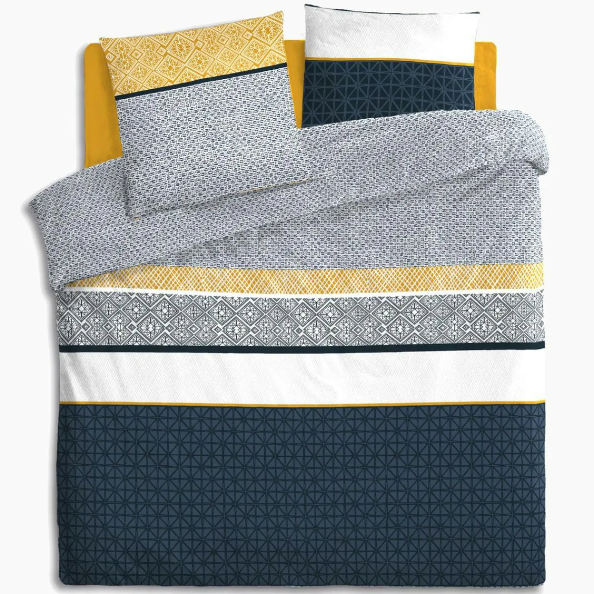 ATMOSPHERA Housse de couette et deux taies coton (240 x 220 cm) Ray Etni e Bleu New