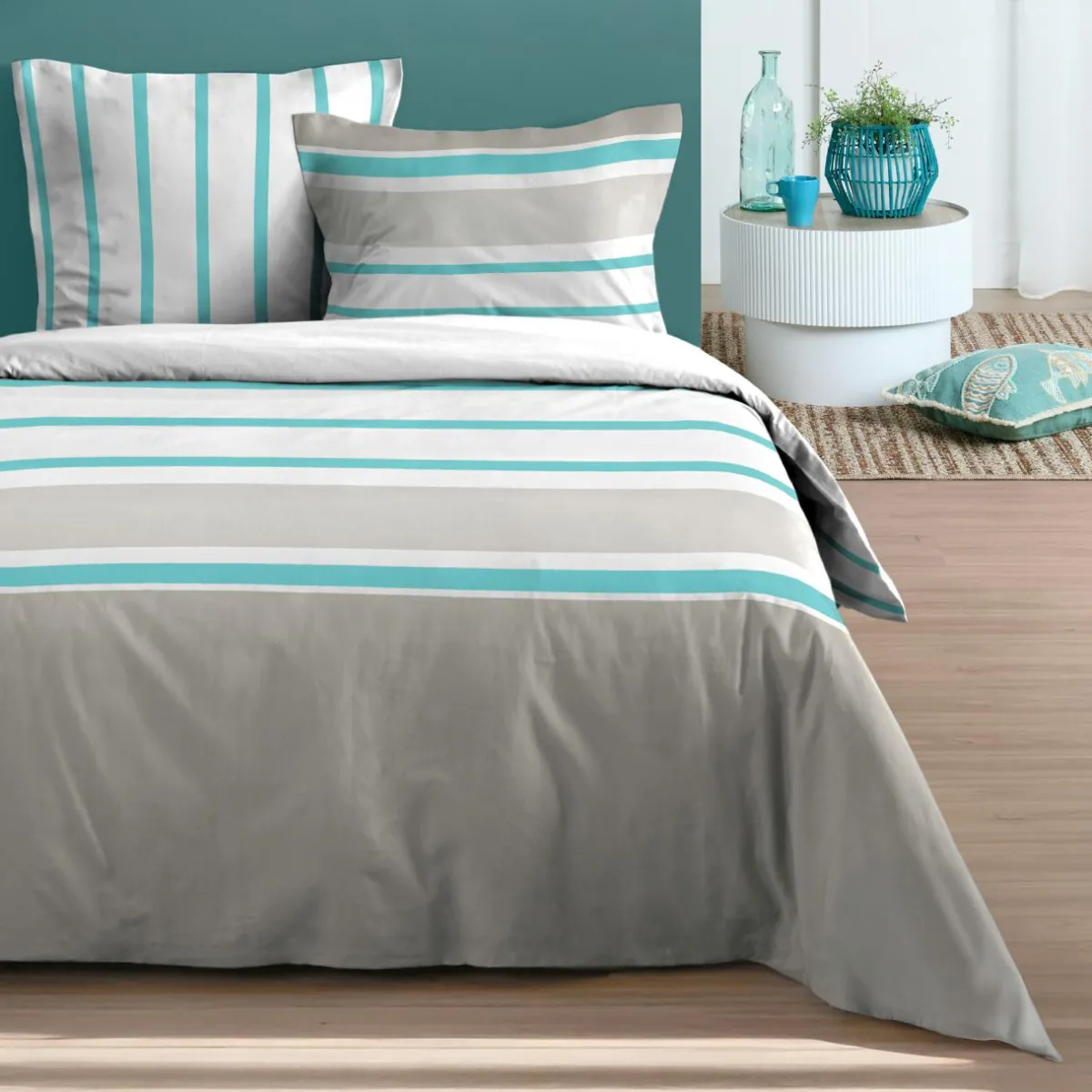 STOF Housse de couette et deux taies d'oreiller en coton (260 x 240 cm) Barbade Vert céladon Online