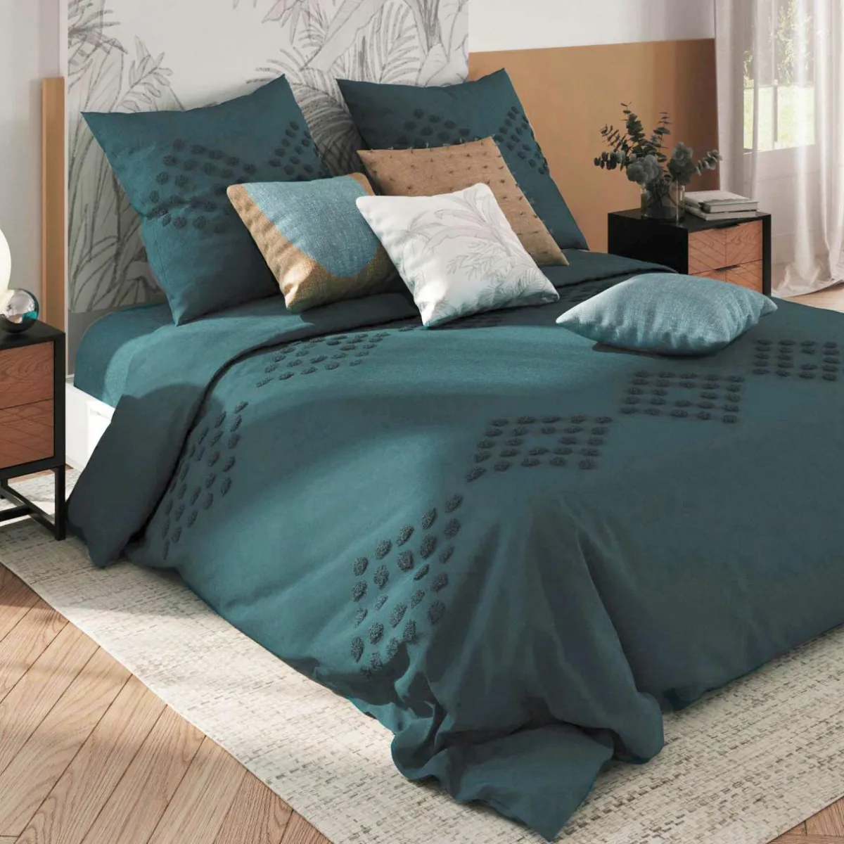 ATMOSPHERA Housse de couette et deux taies coton lavé (260 x 240 cm) Moura Bleu canard
