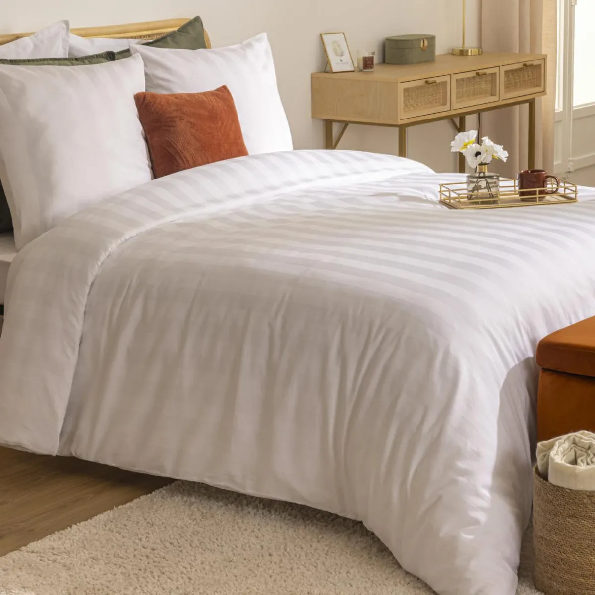ATMOSPHERA Housse de couette et deux taies satin de coton (240 x 220 cm) Isadora he Blanc New