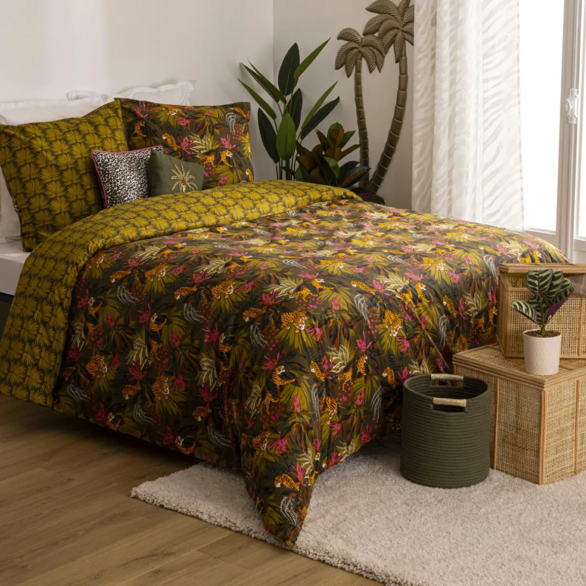 ATMOSPHERA Housse de couette et deux taies coton (240 x 220 cm) Boudoir Vert kaki Outlet