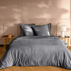douceur d'intu017drieur Housse de couette et deux taies d'oreiller flanelle (240 x 220 cm) Veloutea Gris Anthracite Discount