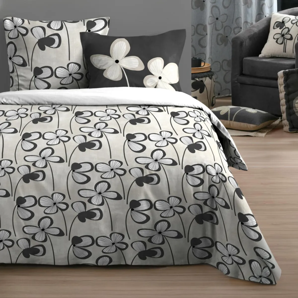 STOF Housse de couette et deux taies d'oreiller en coton (240 x 220 cm) Tilda Gris Discount