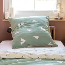 L'EFFET PAPILLON Housse de couette et deux taies enfant coton (200 x 200 cm) Petits papiers e Vert Discount