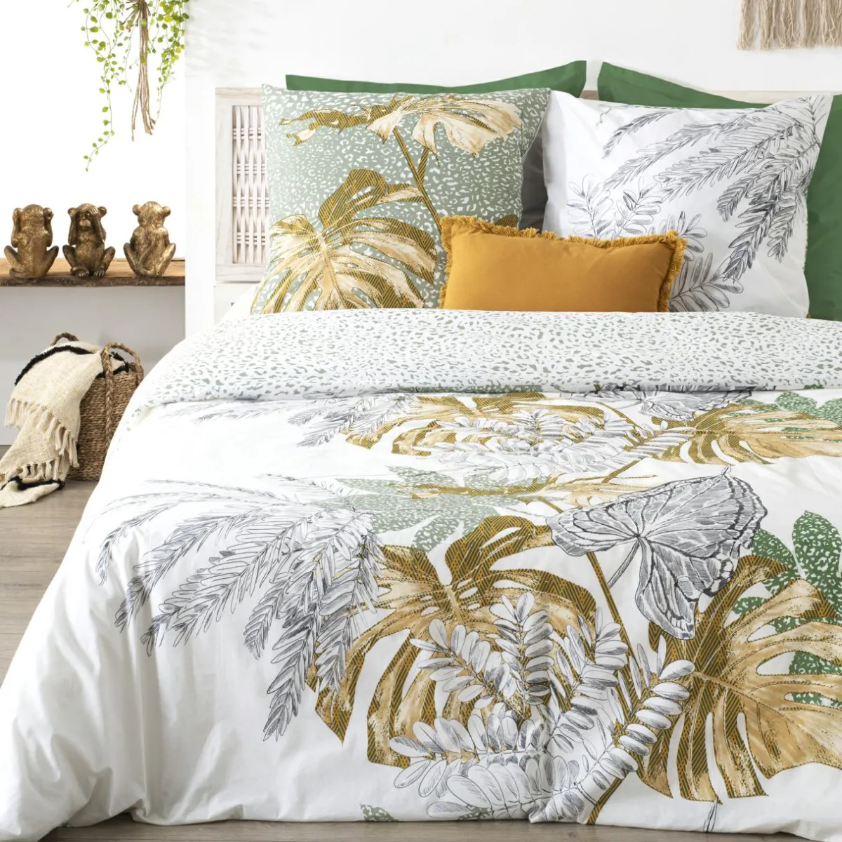 ATMOSPHERA Housse de couette et deux taies coton (240 x 220 cm) Monstera Multicolore Discount