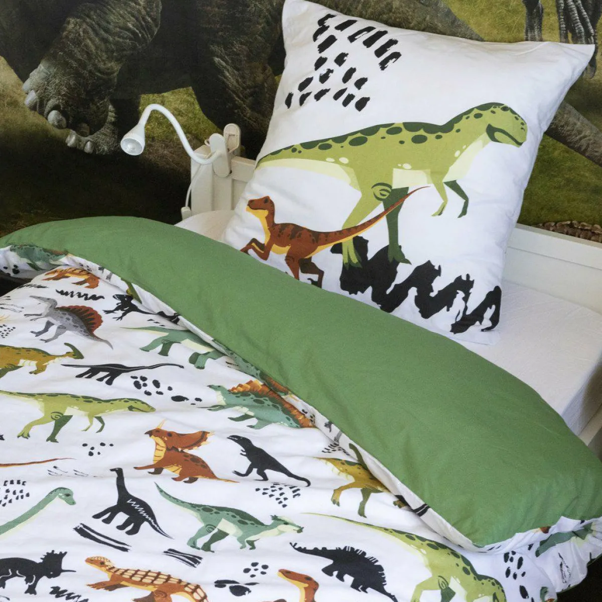 L'EFFET PAPILLON Housse de couette et deux taies enfant coton (200 x 200 cm) Cretace e Vert
