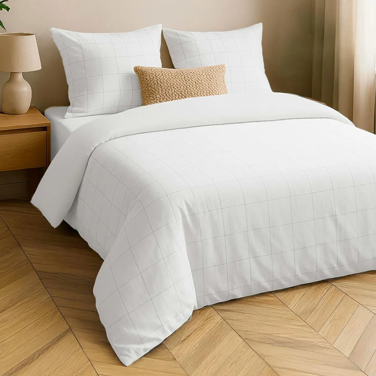 douceur d'intu017drieur Housse de couette et deux taies d'oreiller coton lavé (260 x 240 cm) Linella Blanc Discount