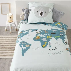 Atmosphera createur d'interieur for kids Housse de couette et une taie enfant coton (140 x 200 cm) Carte du Monde e Bleu Discount