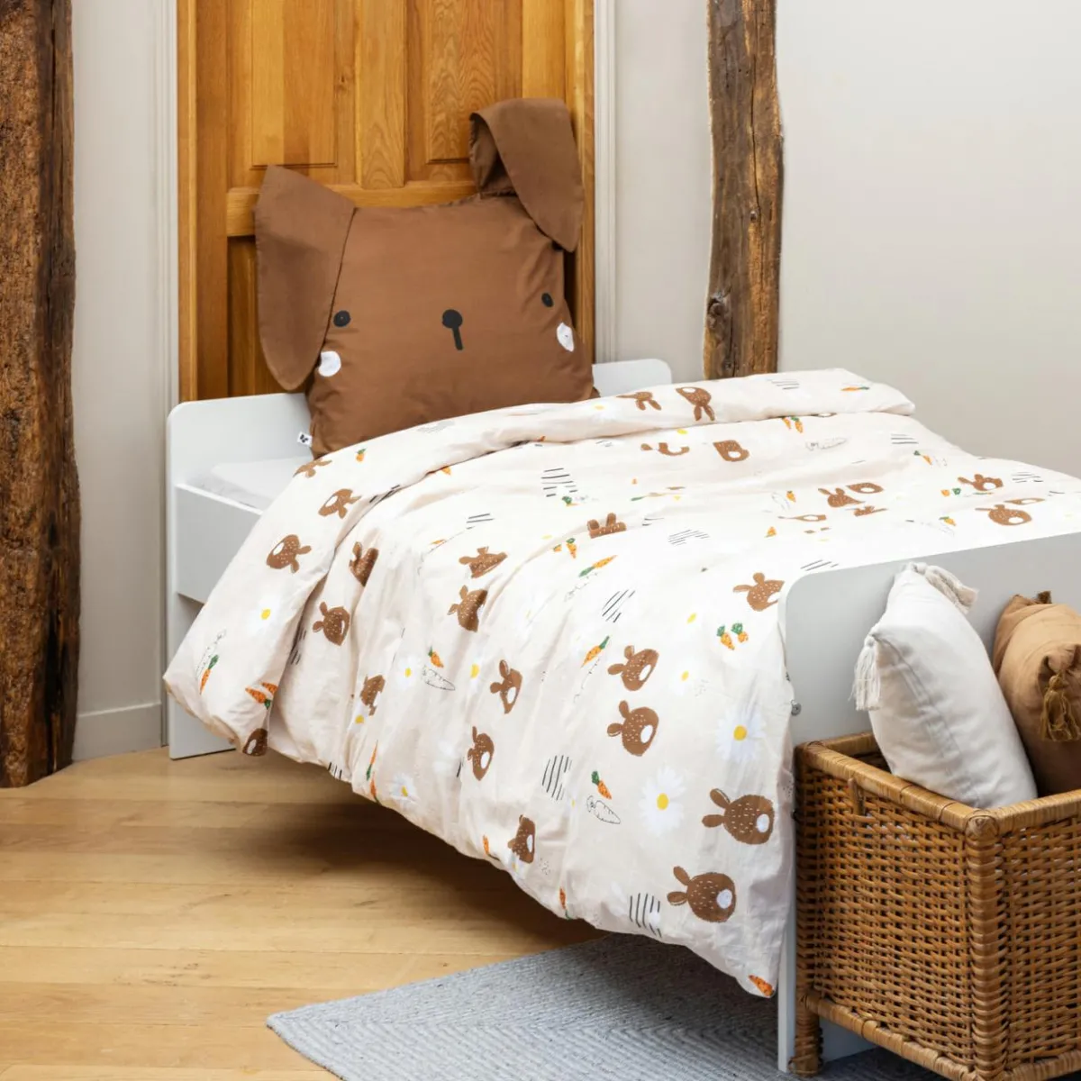 L'EFFET PAPILLON Housse de couette et une taie enfant coton (140 x 200 cm) Pompon Marron New