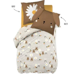L'EFFET PAPILLON Housse de couette et une taie enfant coton (140 x 200 cm) Pompon Marron New