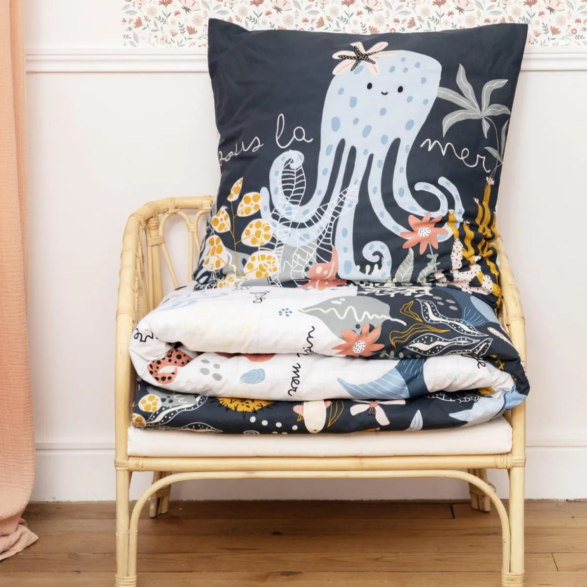 L'EFFET PAPILLON Housse de couette et une taie enfant coton (140 x 200 cm) Octopia Multicolore Discount