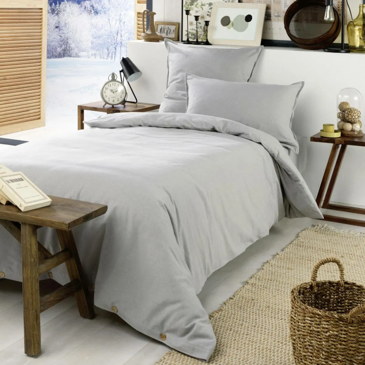 EMINZA Housse de couette flanelle de coton (140 x 200 cm) Nina Gris clair Outlet