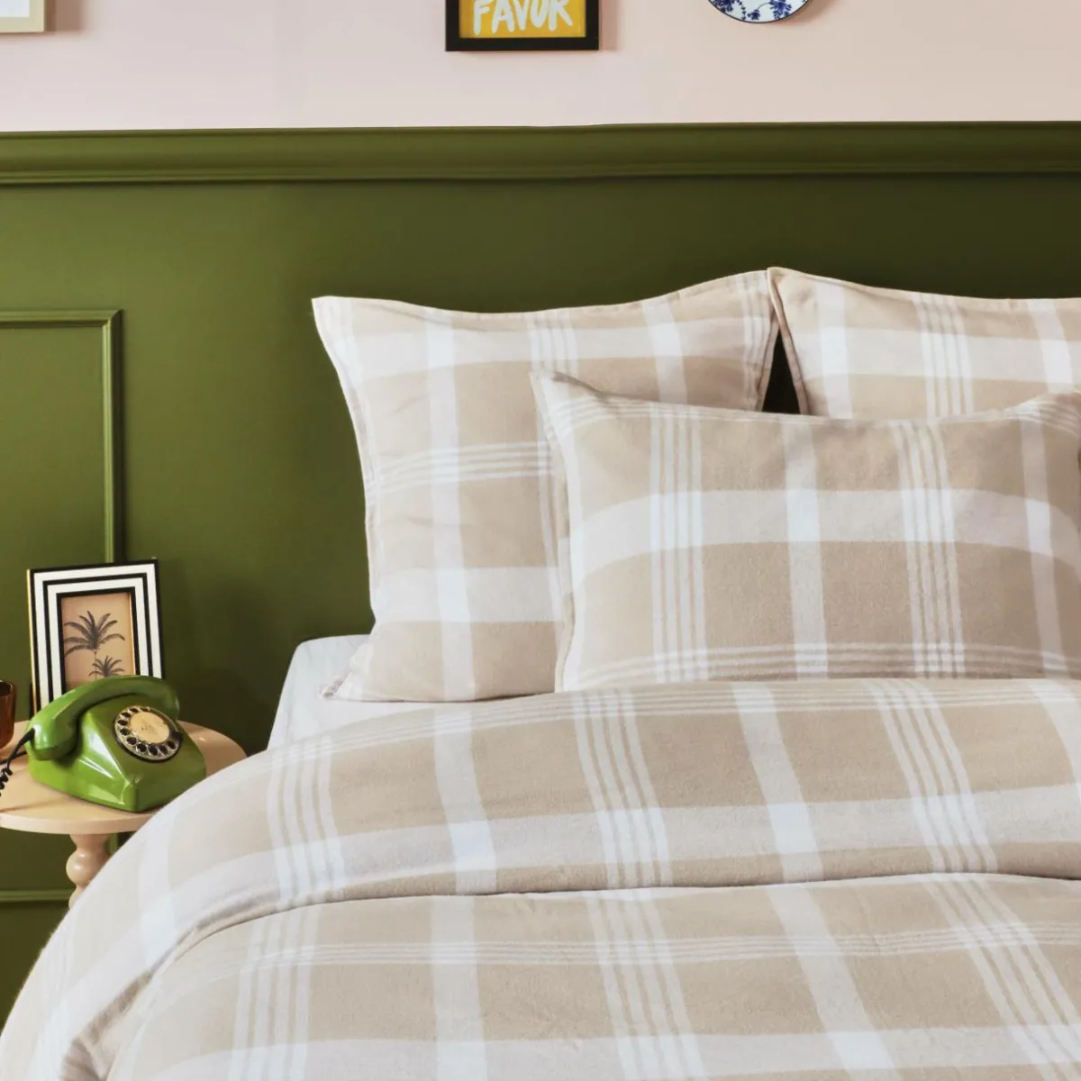 EMINZA Housse de couette flanelle de coton (260 x 240 cm) Nina carreaux Beige Carreau Beige New
