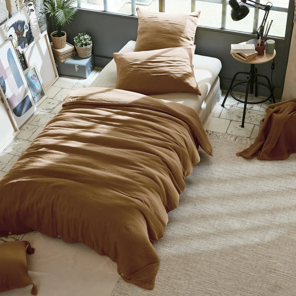 EMINZA Housse de couette gaze de coton (140 x 200 cm) Gaïa Camel Online