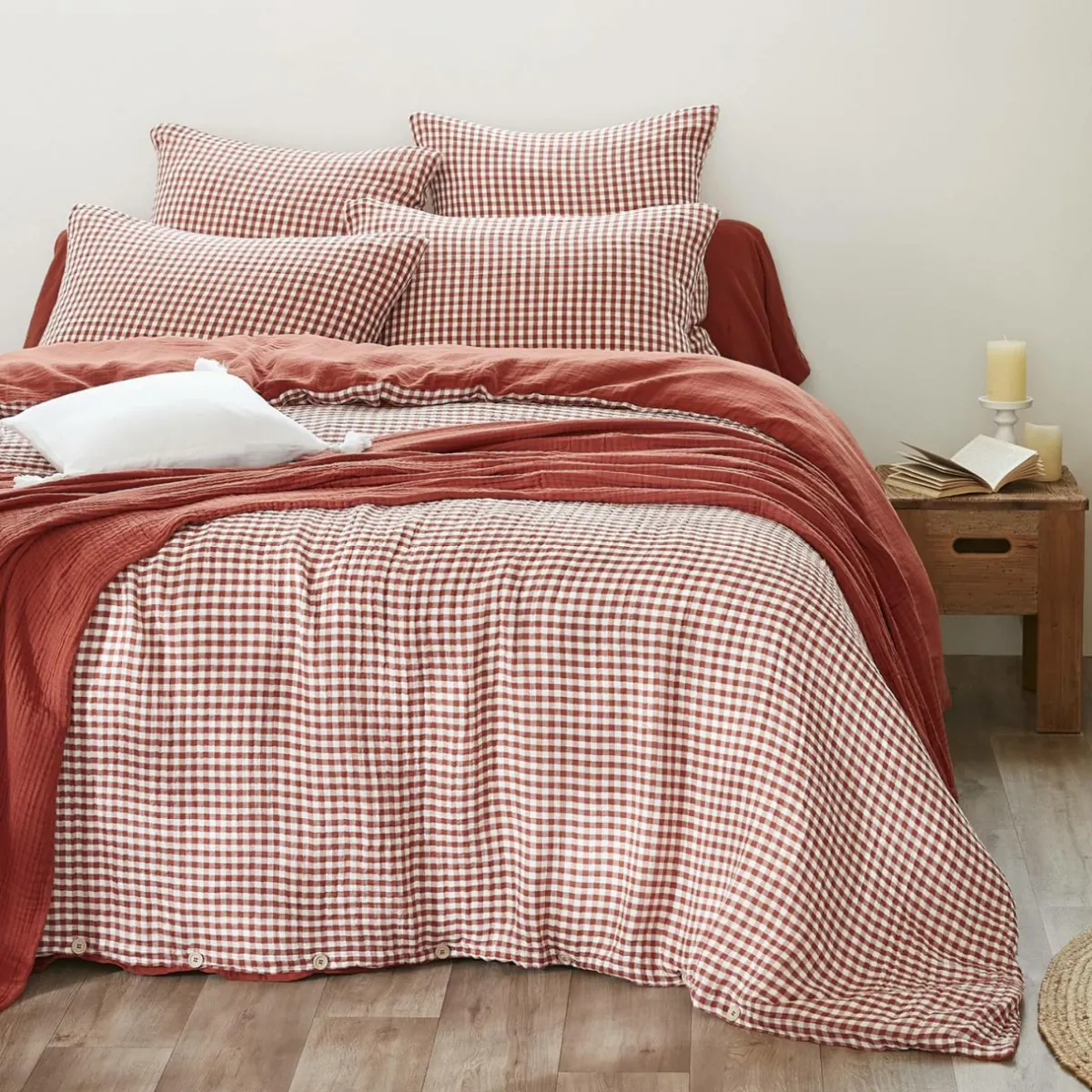 EMINZA Housse de couette gaze de coton (260 x 240 cm) Gaïa vichy Terracotta Discount