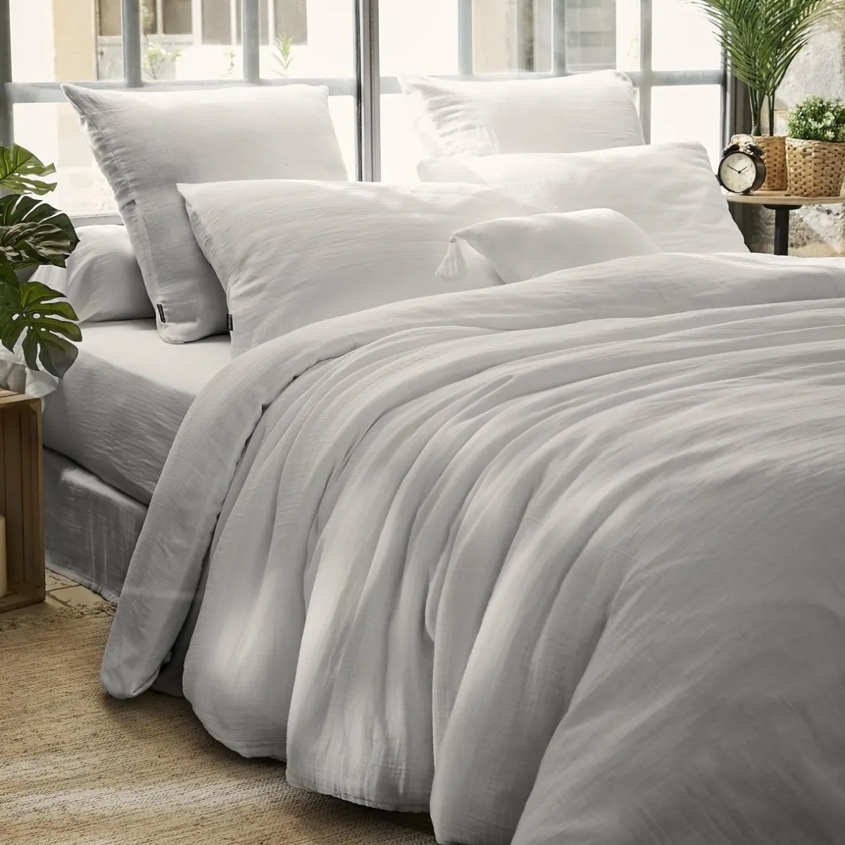 EMINZA Housse de couette gaze de coton (280 x 240 cm) Gaïa Gris nuage Gris clair Clearance