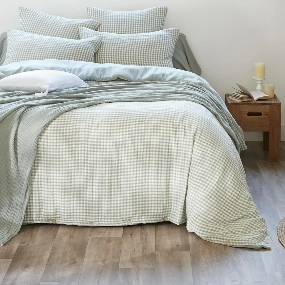 EMINZA Housse de couette gaze de coton (200 x 200 cm) Gaïa vichy Vert Eucalyptus Online