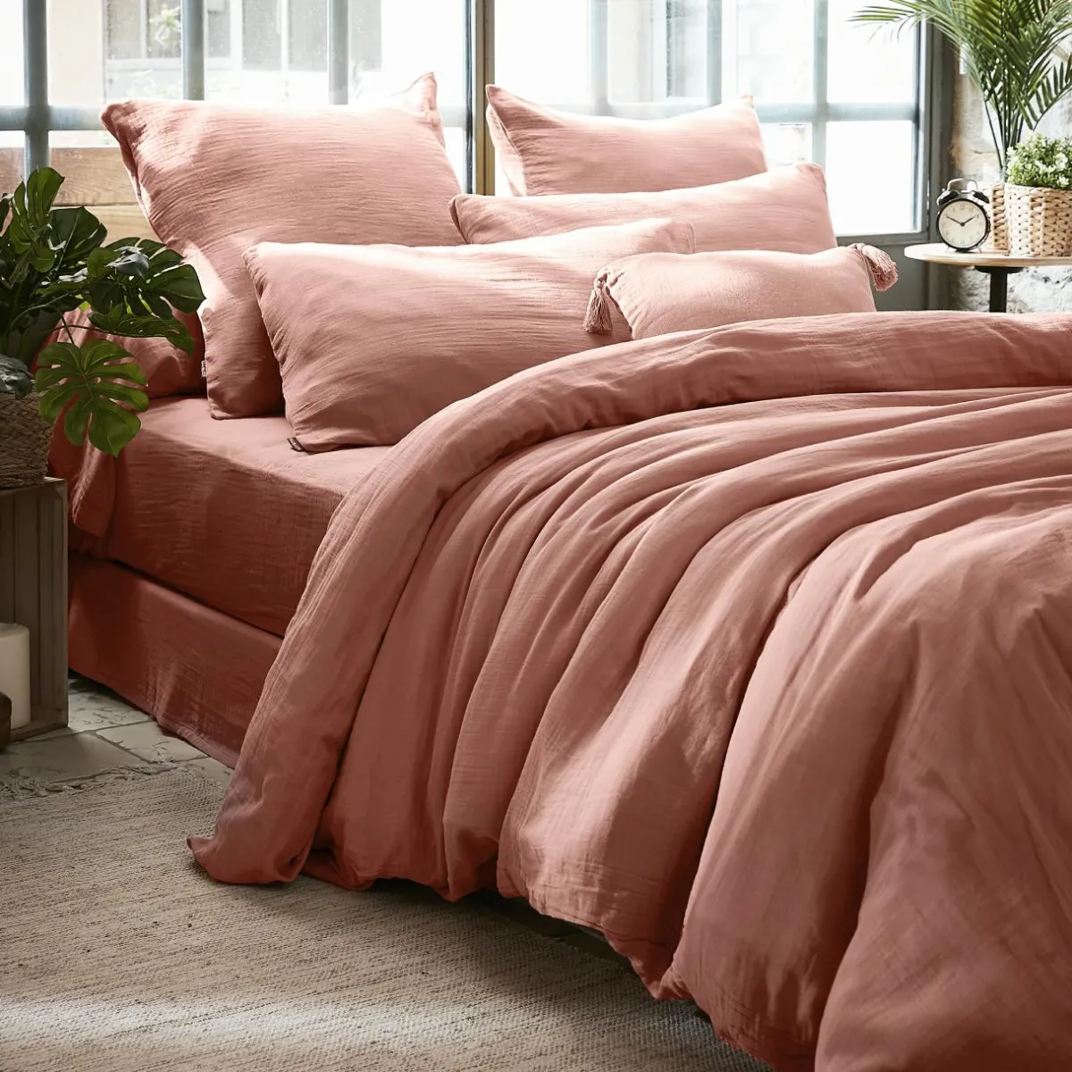 EMINZA Housse de couette gaze de coton (280 x 240 cm) Gaïa Rose Pêche Sale