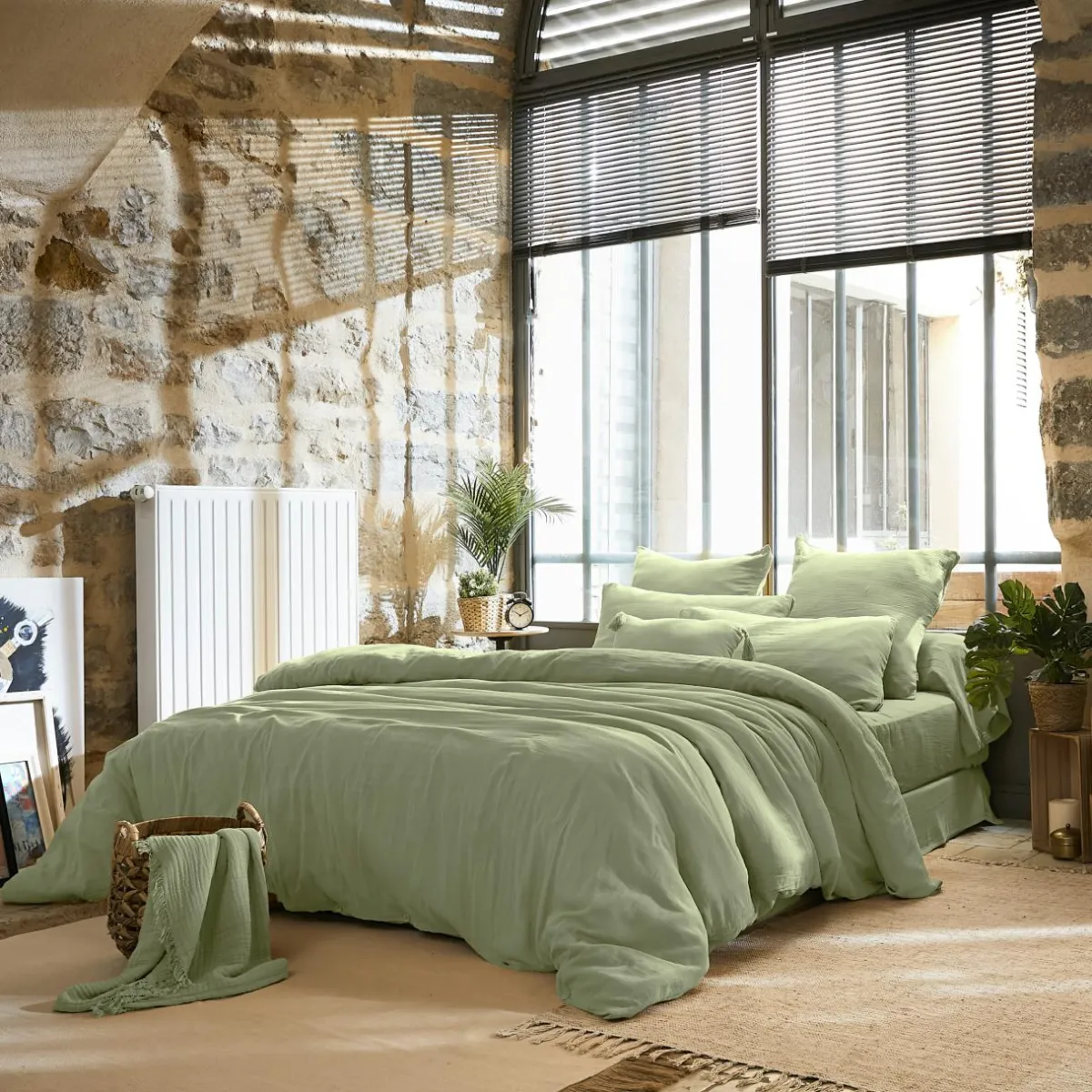 EMINZA Housse de couette gaze de coton (280 x 240 cm) Gaïa Vert tilleul Sale