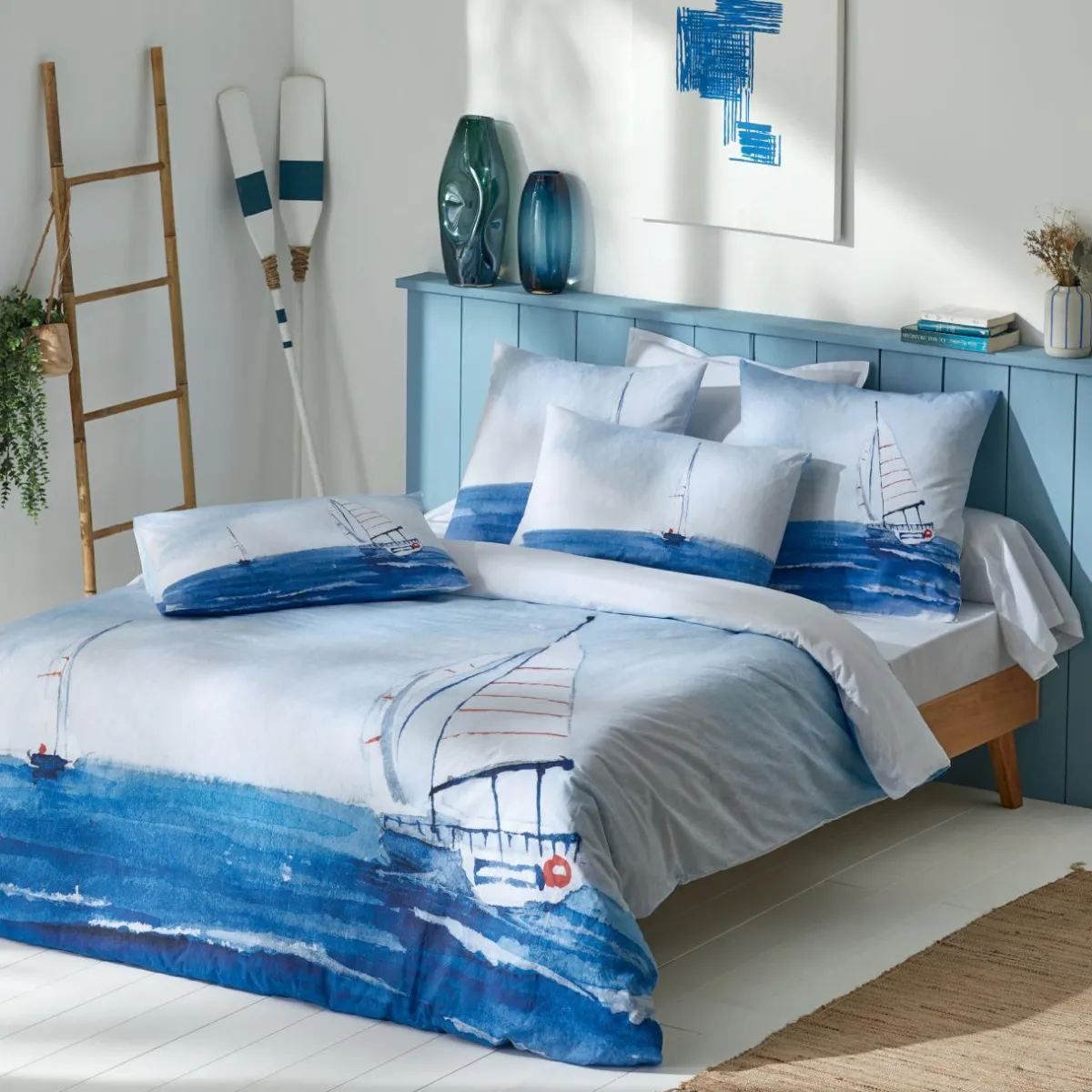 TRADI LINGE Housse de couette percale de coton (300 x 240 cm) Regate e Bleu