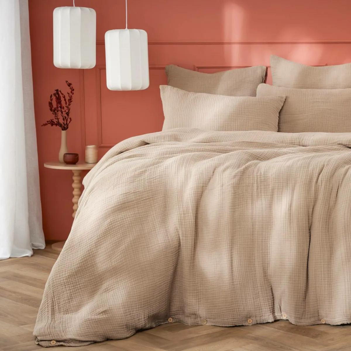 EMINZA Housse de couette quadruple gaze de coton (240 x 220 cm) Victoria x Gaïa Ficelle Discount