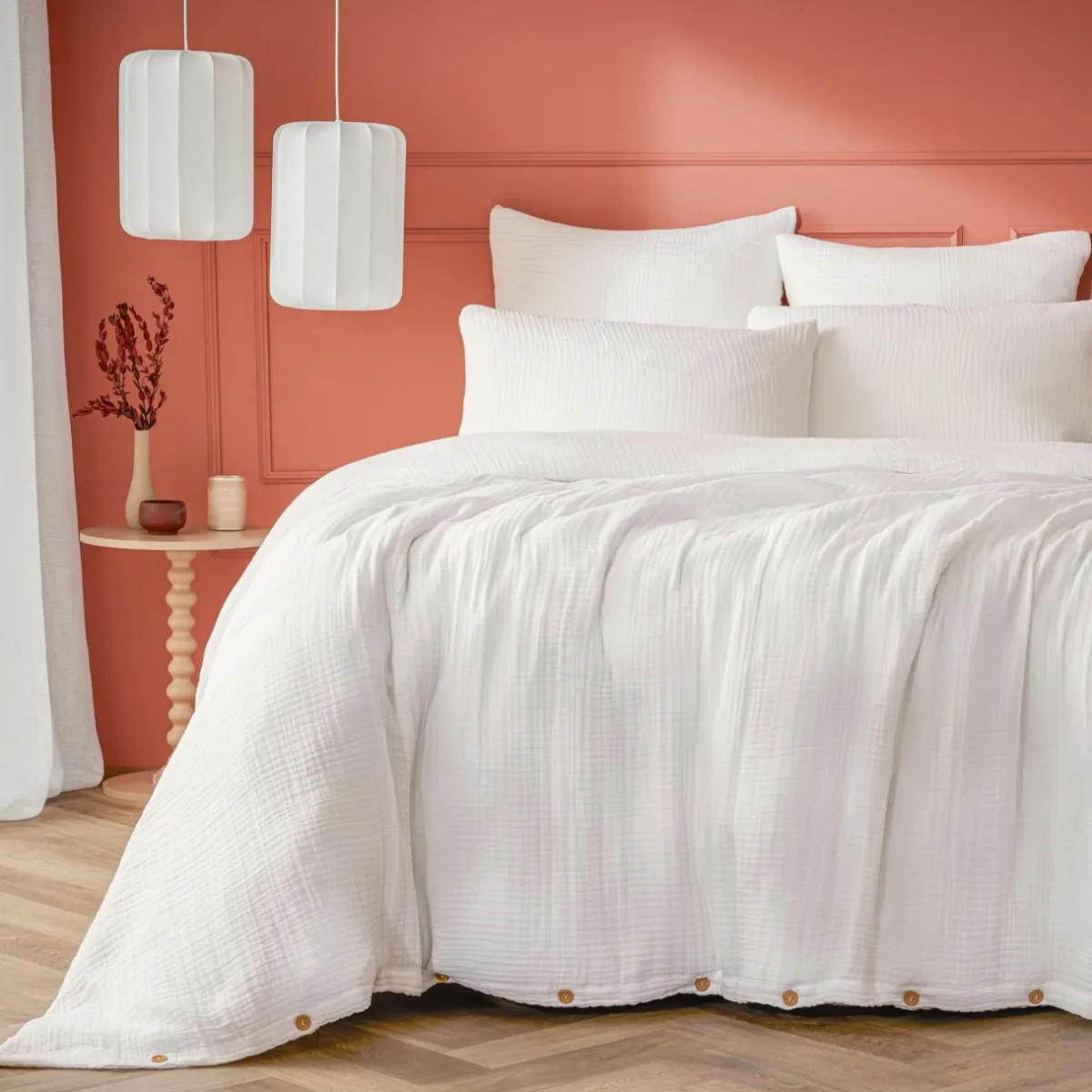 EMINZA Housse de couette quadruple gaze de coton (280 x 240 cm) Victoria x Gaïa chantilly Blanc Outlet