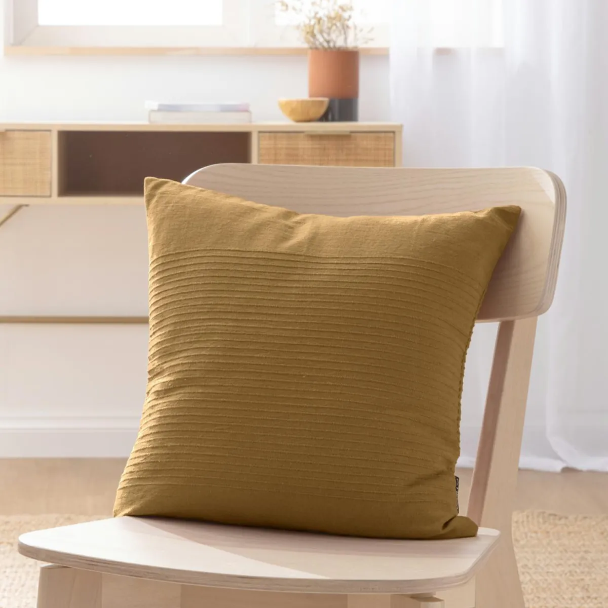 EMINZA Housse de coussin carrée coton tissé (40 x 40 cm) Léa Camel