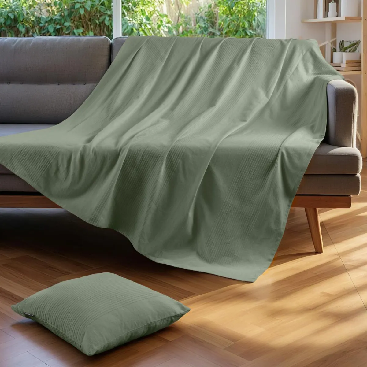 EMINZA Jeté de lit coton tissé (130 x 160 cm) Léa Vert romarin Sale