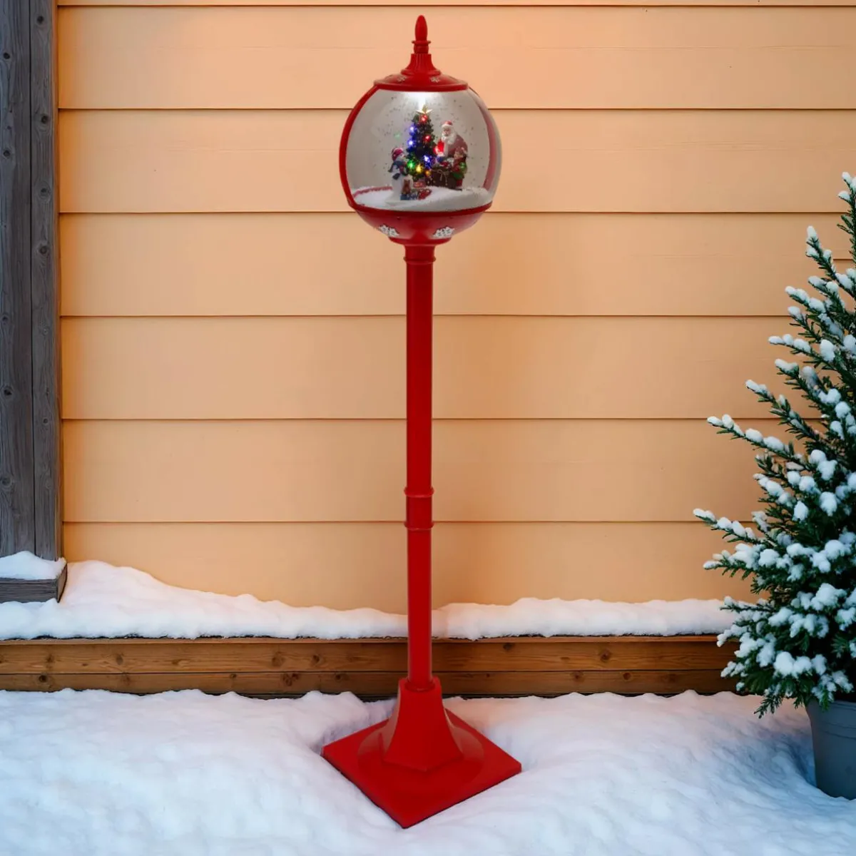 JJA Lampadaire de Noël illuminé et animé (H150 cm) Boule Neige tombante Rouge Clearance