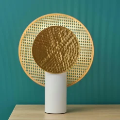 OSTARIA Lampe à poser métal et bambou (H32 cm) Olympe Beige et dé Or Sale