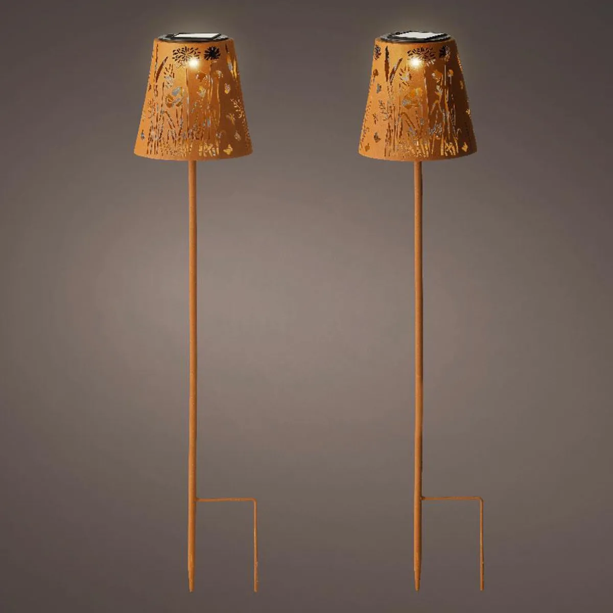 #N/A Lot de 2 bornes de jardin solaire LED (H58 cm) Floral Brun rustique Marron Clearance